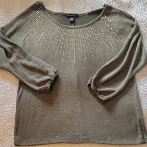 Olive Green and Gold Embellished Blouse with 3/4 Sleeves